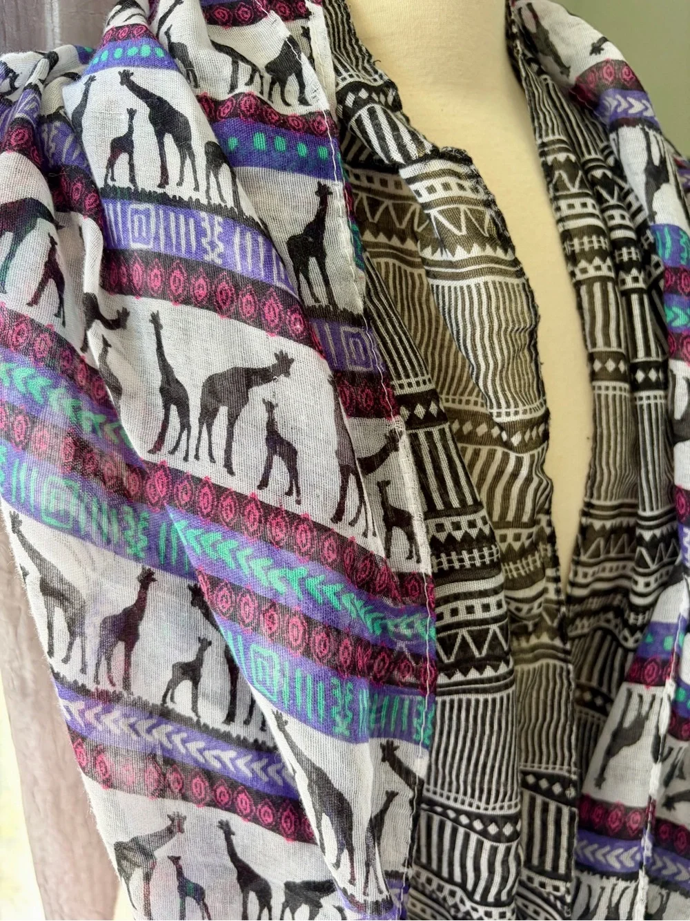 Infinity Scarves Lot of 2 Teal Magenta giraffe Print, Blk Wht Tribal Pattern